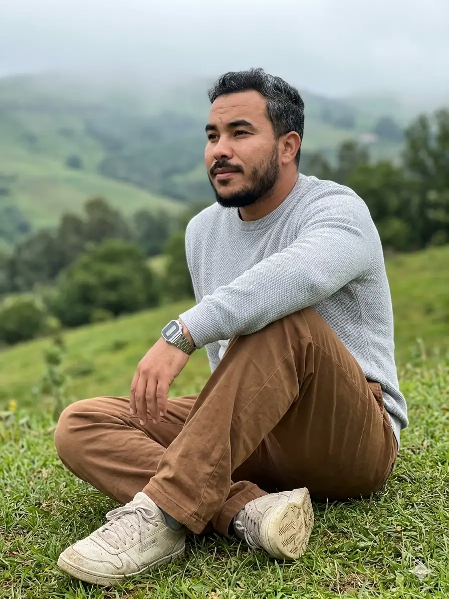 Instagram portrait of a young man sitting casually on a grassy hillside