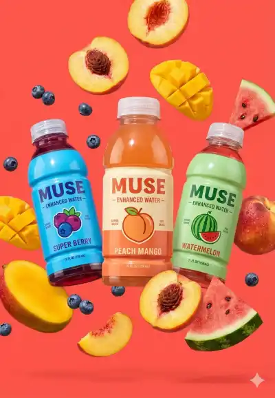 high-energy commercial product photography of three colorful enhanced water bottles floating mid-air