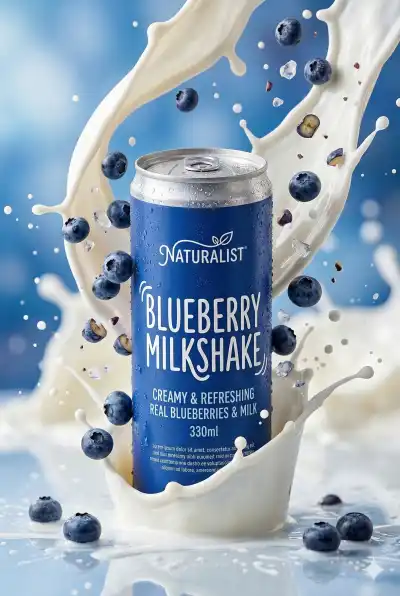  product mockup of a "Naturalist" brand beverage can with a blueberry milkshake theme