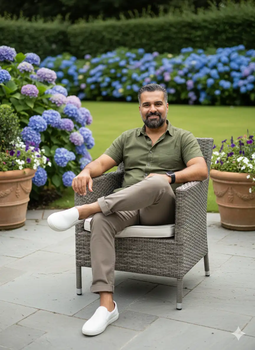 A handsome, confident South Asian man in his early 40s with salt-and-pepper hair, neatly styled with a modern side part