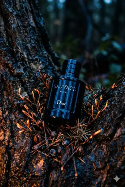 product photograph of a dark blue glass bottle for "SAUVAGE ELIXIR Dior"