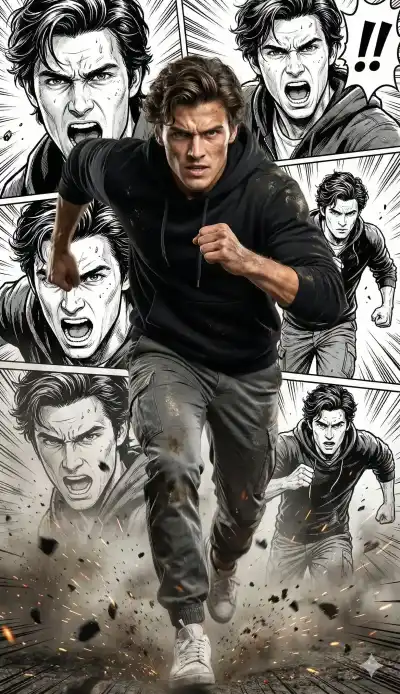 portrait of a rugged man sprinting directly toward the camera, intense determination on his face, clenched fist forward, wearing a black hoodie, gray pants, and white sneakers