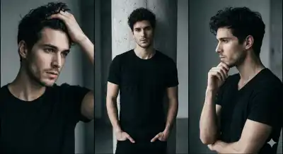 triptych photography study of a handsome young man with dark, messy curly hair and light stubble. He has a lean, athletic build and sharp facial features.