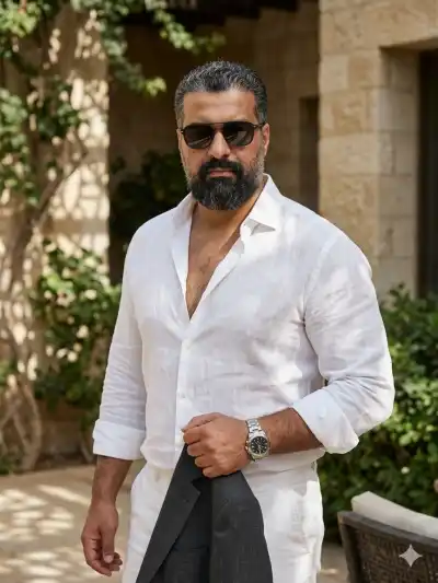 Eye starts at the subject's face/sunglasses, moves down the chest exposed by the unbuttoned shirt, follows the arm down to the draped jacket, and then takes in the contrasting stone