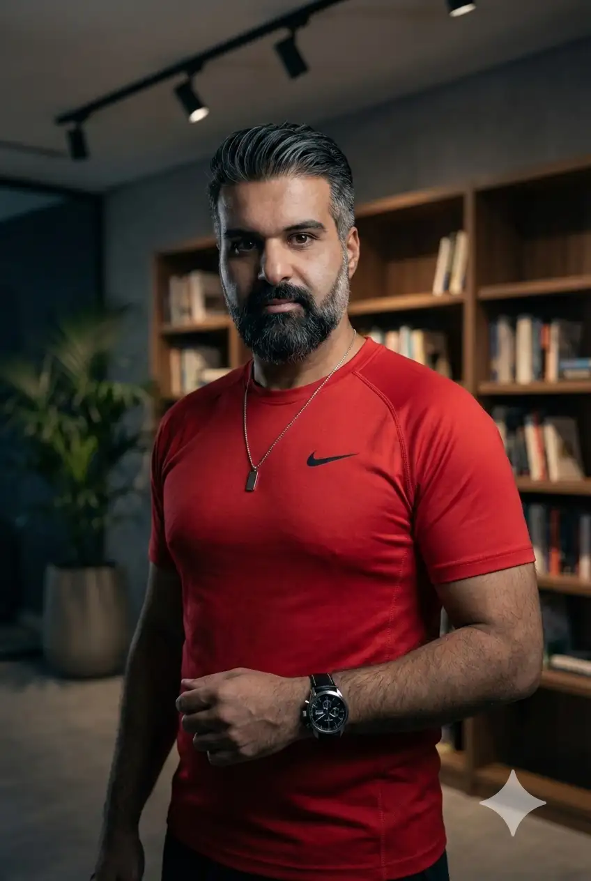 handsome man with styled dark hair and a groomed beard. He is wearing a fitted red athletic t-shirt