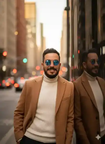 portrait of a handsome man with short, wavy dark hair and a groomed bear