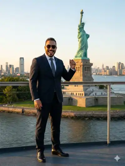 photograph of a very happy elegant man standing next to the Statue of Liberty in New York, USA. 