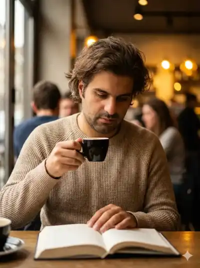 young man with medium-length tousled brown hair and light stubble, wearing a beige knitted sweater