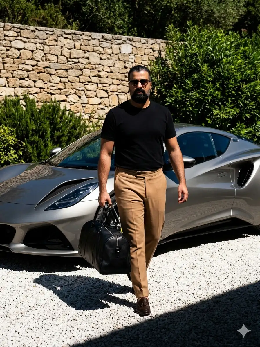 A Sophisticated Automotive Lifestyle Portrait: A Stylish Gentleman with a Black Leather Travel Duffel and a Metallic Grey Sports Car on a Sun-Drenched Gravel Driveway