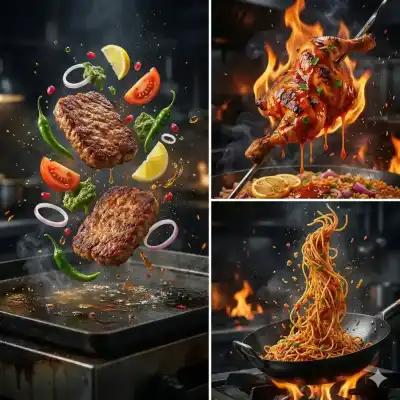 food photography, Two grilled meat patties suspended mid-air above a hot flat griddle