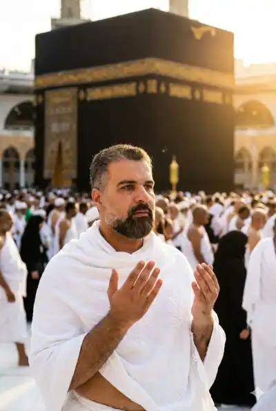 cinematic photograph of a Muslim man performing Hajj in front of the Kaaba in Mecca.