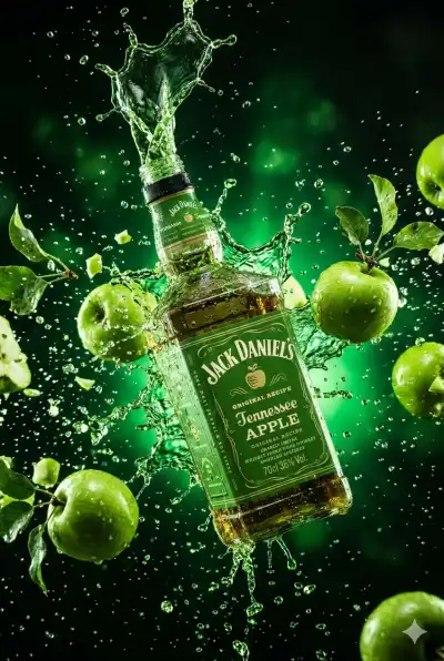 cap- tures a bottle of Jack Daniel's Tennessee Apple whiskey, with its signature green