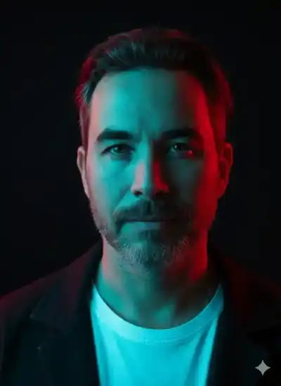 NEO-NOIR ASCENSION, calm, confident, intense gaze