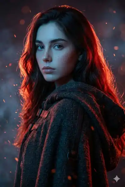 portrait, subject looking back over shoulder with serious expression, Dark textured medieval cloak