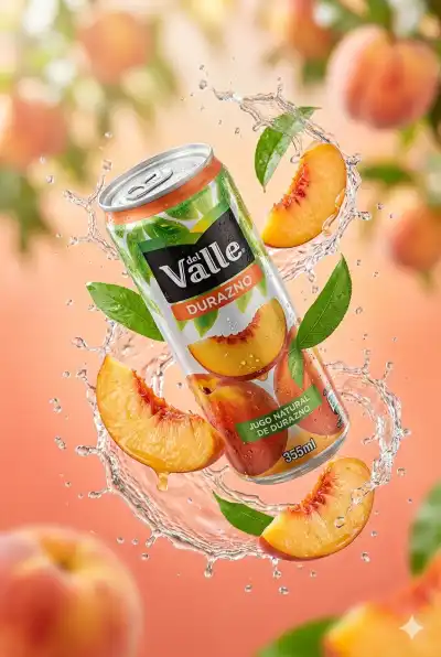 commercial photograph of a sleek,thin aluminum Del Valle peach juice