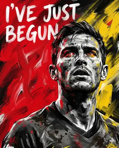 digital painting-style portrait of a male footballer looking upwards with a determined expression