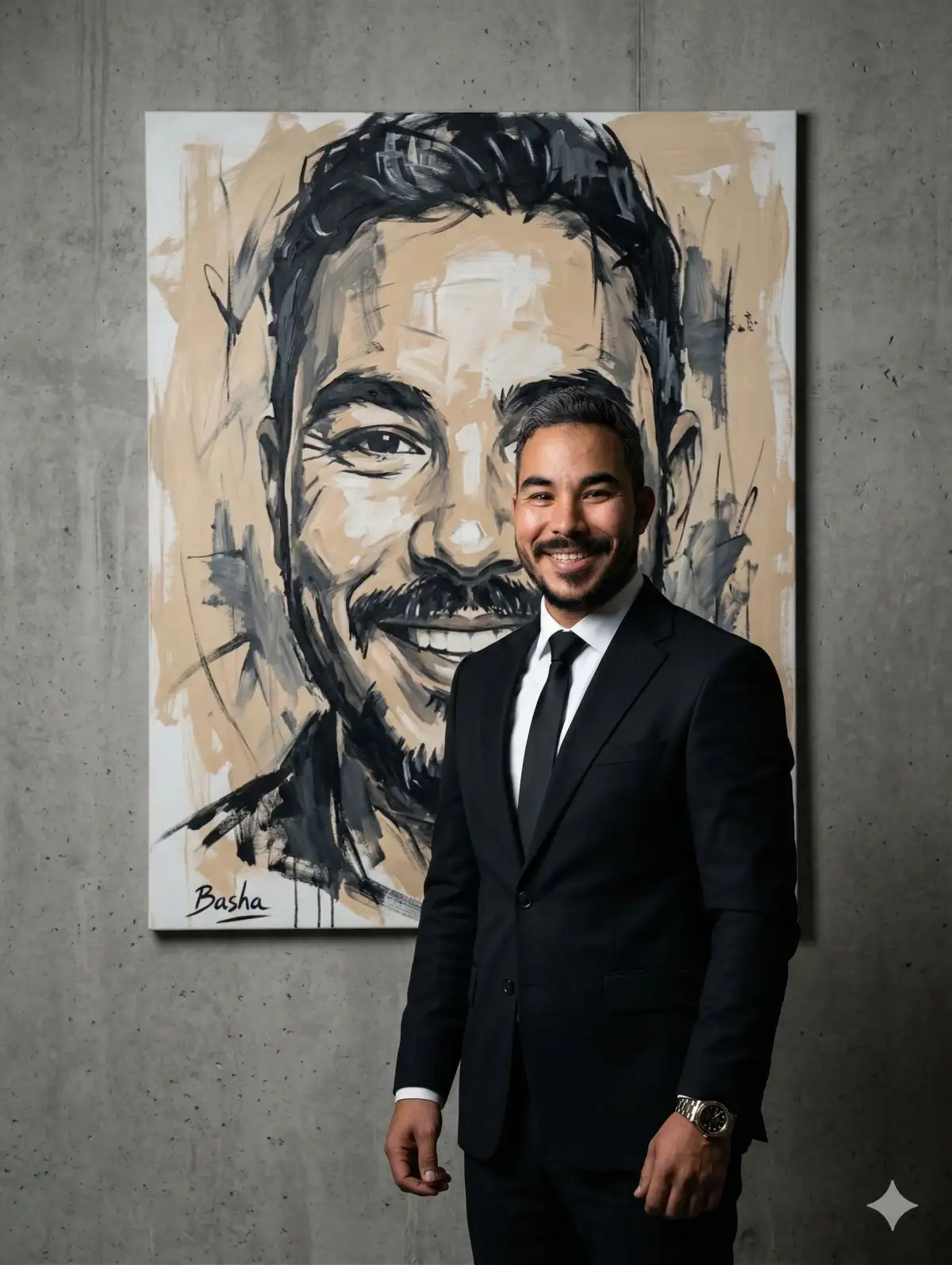 high-fashion editorial portrait of a young man in a tailored black power suit