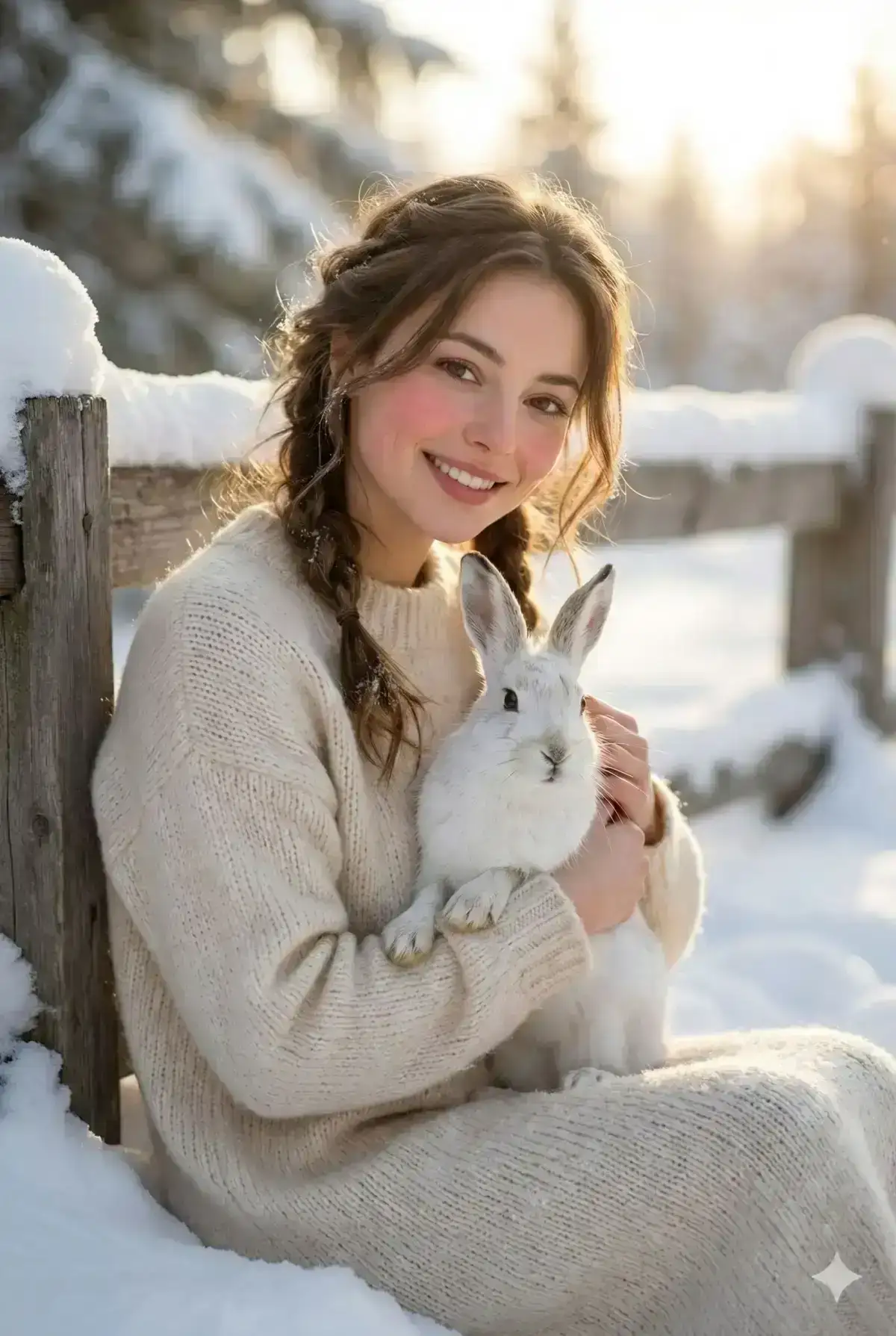 A cozy, intimate winter portrait. A girl from photo with a warm smile and rosy cheeks from the cold cradles acalm white hare in her arms