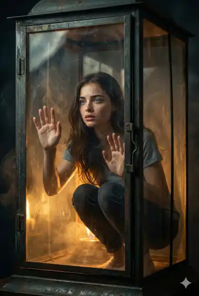 surreal conceptual portrait of a distressed young woman trapped inside a massive vintage lantern, the lantern upright and centered like a dramatic glass-and-metal prison