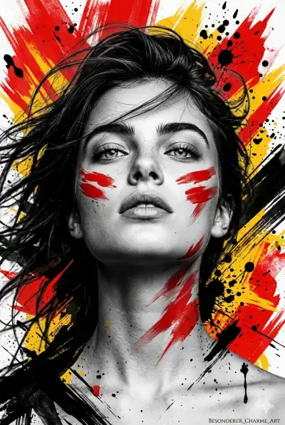 portrait of a confident young woman looking upward, dramatic low-angle perspective, strong jawline 