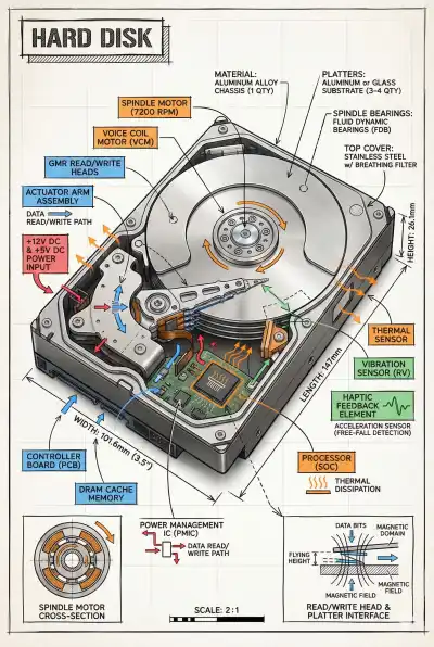 technical infographic of [HARD DISk] with a 45-degree isometric 3D perspective showing the device slightly tilted to reveal depth and dimension