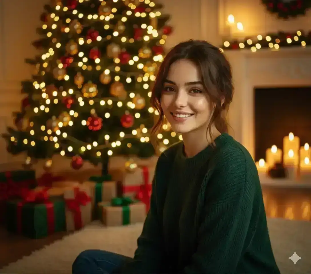 young woman smiling warmly while sitting under a beautifully decorated Christmas tree