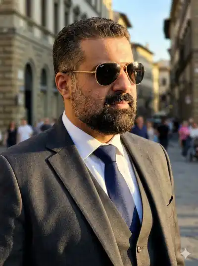 fashion close-up of a stylish young man with a neatly groomed short beard