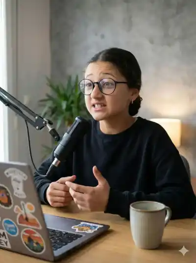 eyebrows are slightly raised, creating subtle horizontal creases across the forehead. The mouth is partially open with the upper lip lifted slightly, exposing the upper teeth in a mid-speech physical action. Round wire-rimmed glasses
