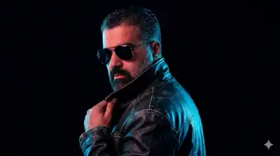 portrait of a young man in a side profile, looking intensely toward the camera over his shoulder.