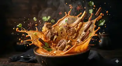  bowl of rich spicy meat soup exploding upward in a dynamic splash, tender bone-in meat pieces floating mid-air with creamy curry 