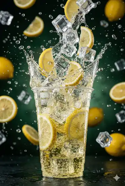  product photography of a transparent soda cup filled with sparkling lemon soda