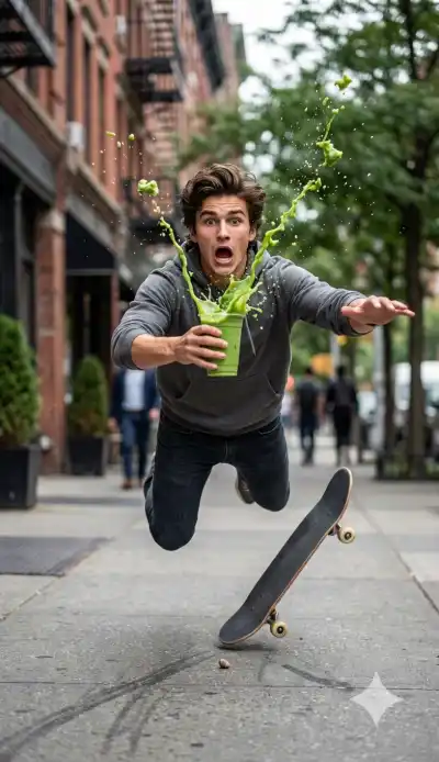 young man on a skateboard hitting a tiny pebble. The board is shooting out behind them, and they are frozen in a "Superman" pose mid-air.
