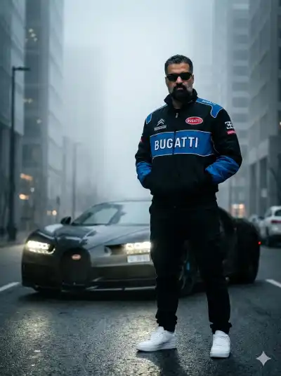 A stylish confident man standing in the middle of a foggy city street, wearing a black and blue Bugatti racing jacket 