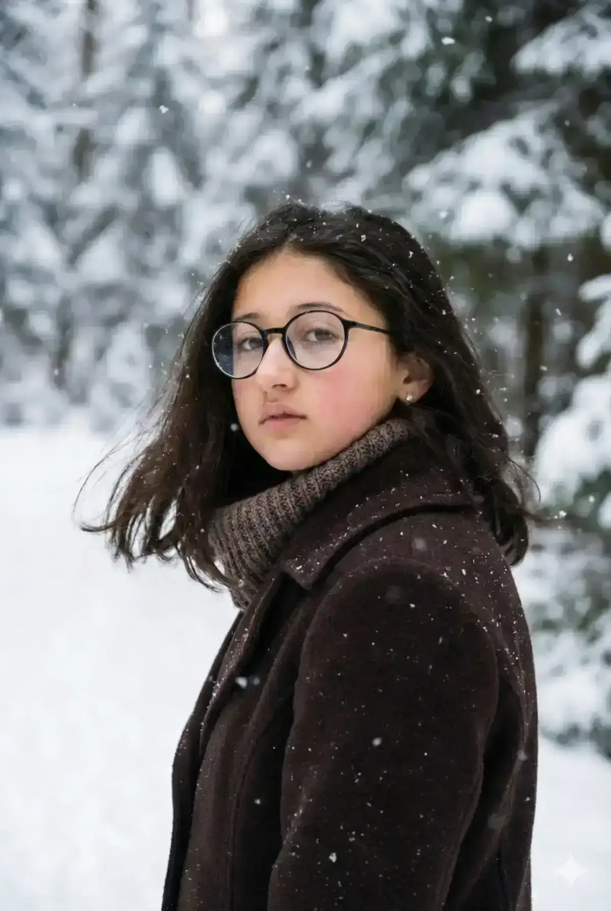 Generate a cinematic, photorealistic portrait inspired by a winter forest atmosphere