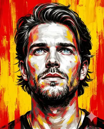 digital painting style portrait of a young male a reference image without glasses looking upward with a strong, determined expression