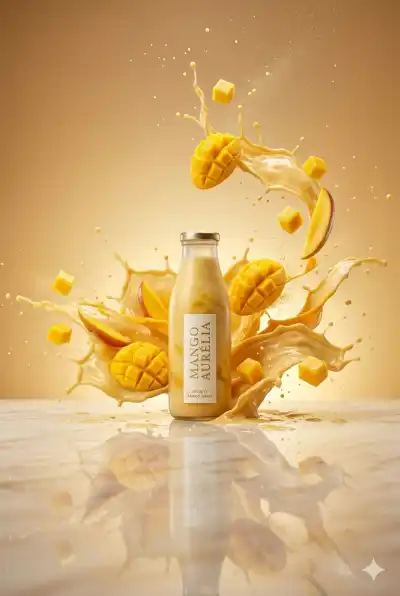 elegant frosted glass bottle filled with velvety mango shake