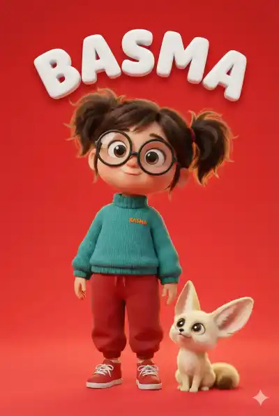 cartoon girl standing against a solid bright red background. She has big expressive brown eyes, round black glasses, and messy twin ponytails