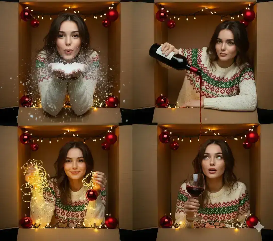 photorealistic four-panel grid collage featuring the same woman based strictly 