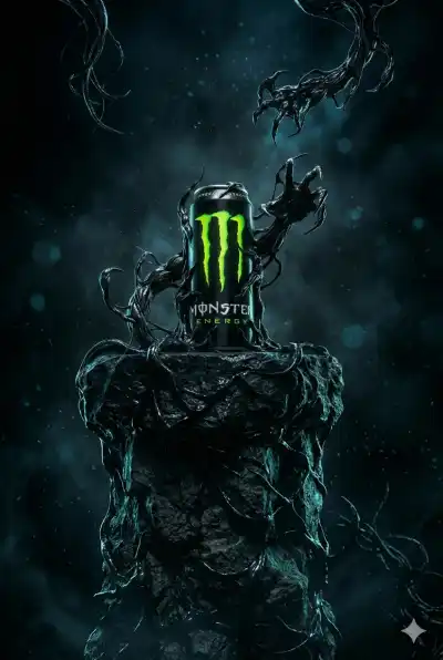product photography of an official Monster Energy drink can a standard vertical black aluminum energy drink