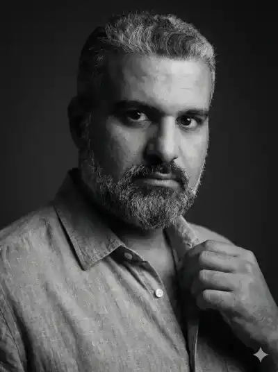 Create a dramatic, ultra-realistic black-and-white editorial portrait