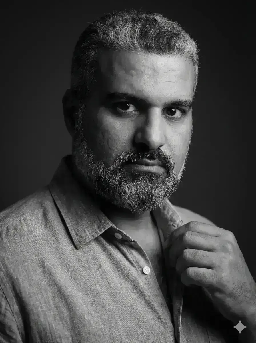 Create a dramatic, ultra-realistic black-and-white editorial portrait