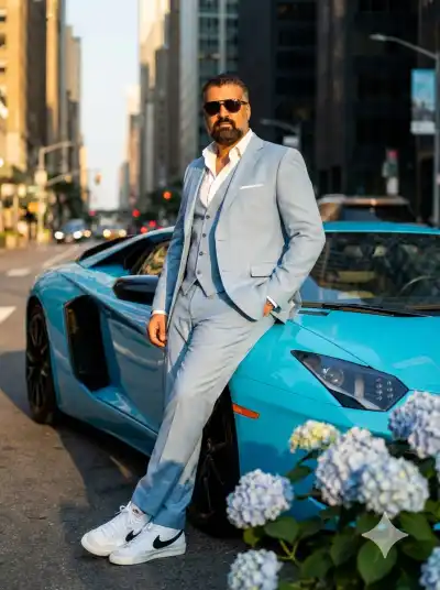  man with dark hair and a beard, wearing a tailored light-blue three-piece suit, a crisp white open-collar shirt, and dark sunglasses. 