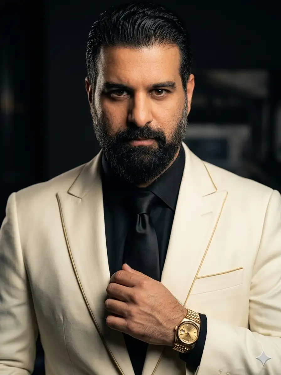 portrait of a handsome young man with neatly styled brown hair and light stubble, wearing a cream-colored tailored suit with subtle gold trim details