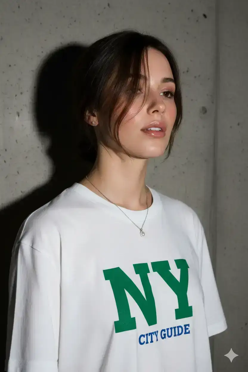 young woman standing against a textured gray concrete wall, captured with direct on-camera flash that creates a raw, moody, high-contrast aesthetic