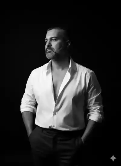 black-and-white portrait of a man for a high-fashion editorial project, capturing a moment of ecstatic release and impeccable chic