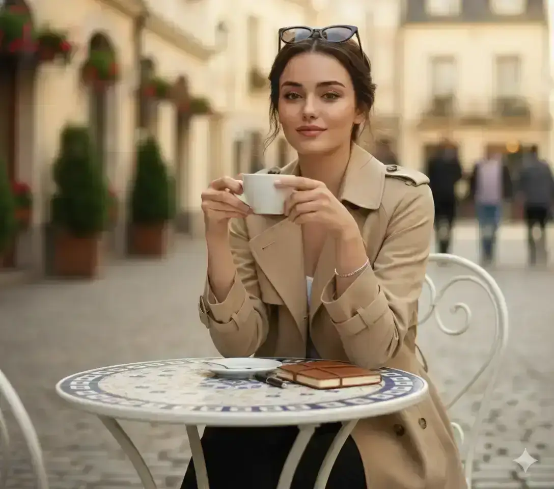 Woman seated at an outdoor European-style café table