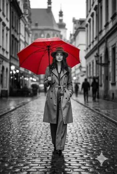 high-contrast black and white photograph of a woman walking down a rainy European cobblestone street