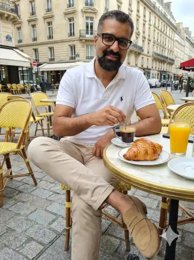 photorealistic image of a stylish middle-aged man with salt-and-pepper hair, a neatly trimmed gray beard