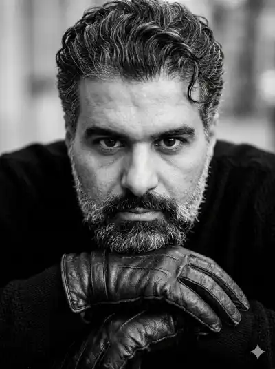 black and white editorial headshot of a young man with sharp, masculine features and thick, wavy hair styled