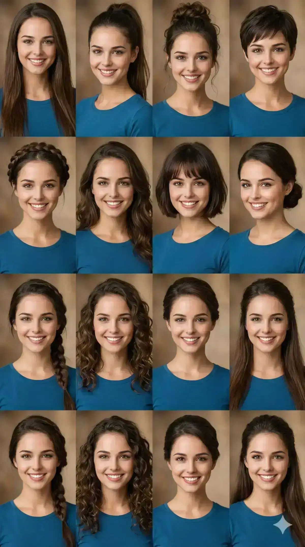 photo collage featuring the same person with identical facial features and expression, shown in multiple frames with different hairstyles.
